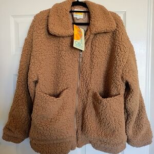 Women’s Sherpa Fleece Jacket L Tan Zip Coat C&C California NWT Soft Plush Warm